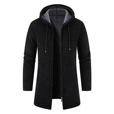 Men's Medium Long Coat Hooded Plush Plaid Knitting Drawstring Coat Sweater  Warm Solid Color Jackets Tops