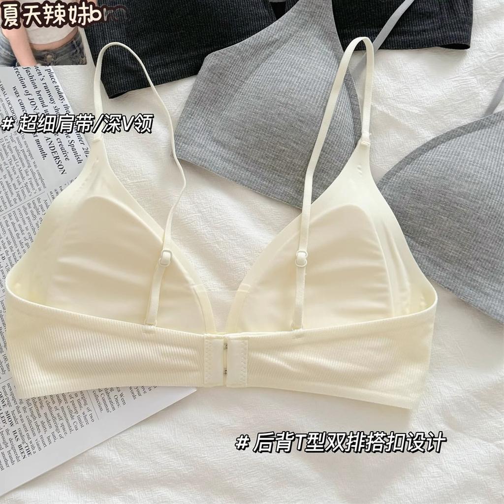 Thin Shoulder Straps French Underwear Women's Seamless Small Breasts Gather Deep V-neck Triangular Cup Thin Steel-free Comfortable Bra Summer