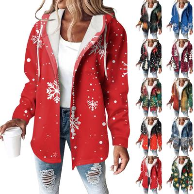 Hoodies für Frauen Winter Warm Sweatshirt Knopf Kordelzug Kapuzen Print Jacke Mantel
