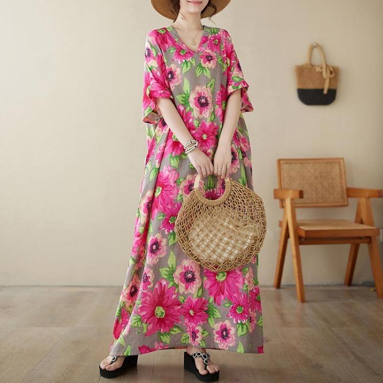 

Summer Plus Size Maxi Dress Women V Neck Floral Print Bohemian Oversize Loose Sundress Big 9043 One Size