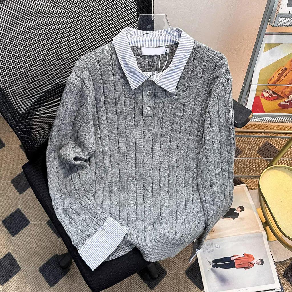 American Style Striped Cable Knit Polo Sweater - Men's Trendy Two-Piece Patchwork with Cleanfit Design