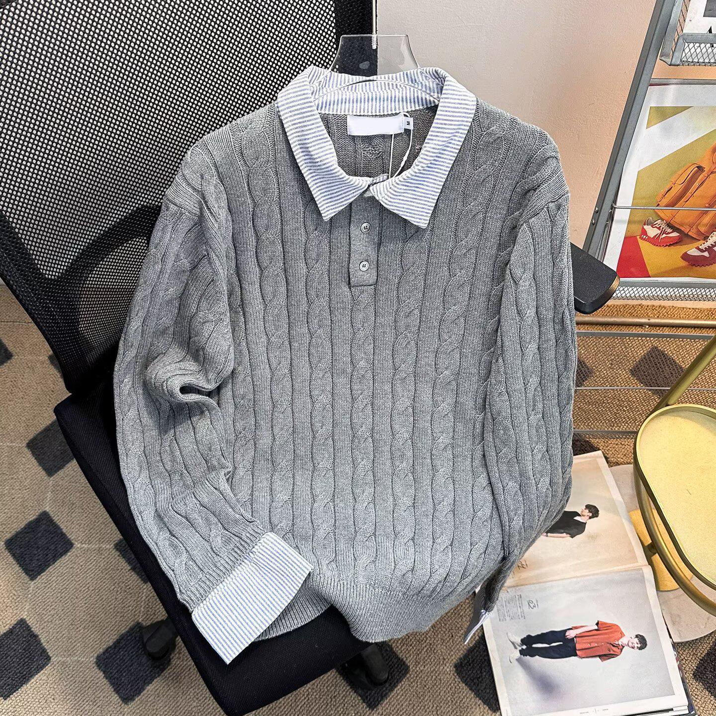 American Style Striped Cable Knit Polo Sweater - Men s Trendy Two-Piece Patchwork with Cleanfit Design Medium