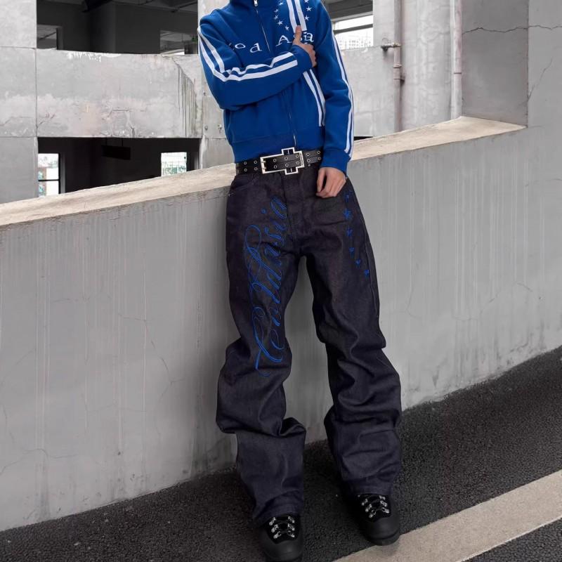 Mens Oversize Straight Leg Jeans Vibe Style Embroidered Raw Denim Pants Casual Stacked Fit