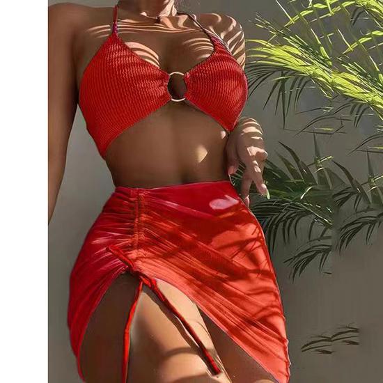 Maiô feminino estilo europeu-americano dividido, cor sólida, cor sólida, sexy, pescoço, pendurado, três peças, biquíni, moda praia