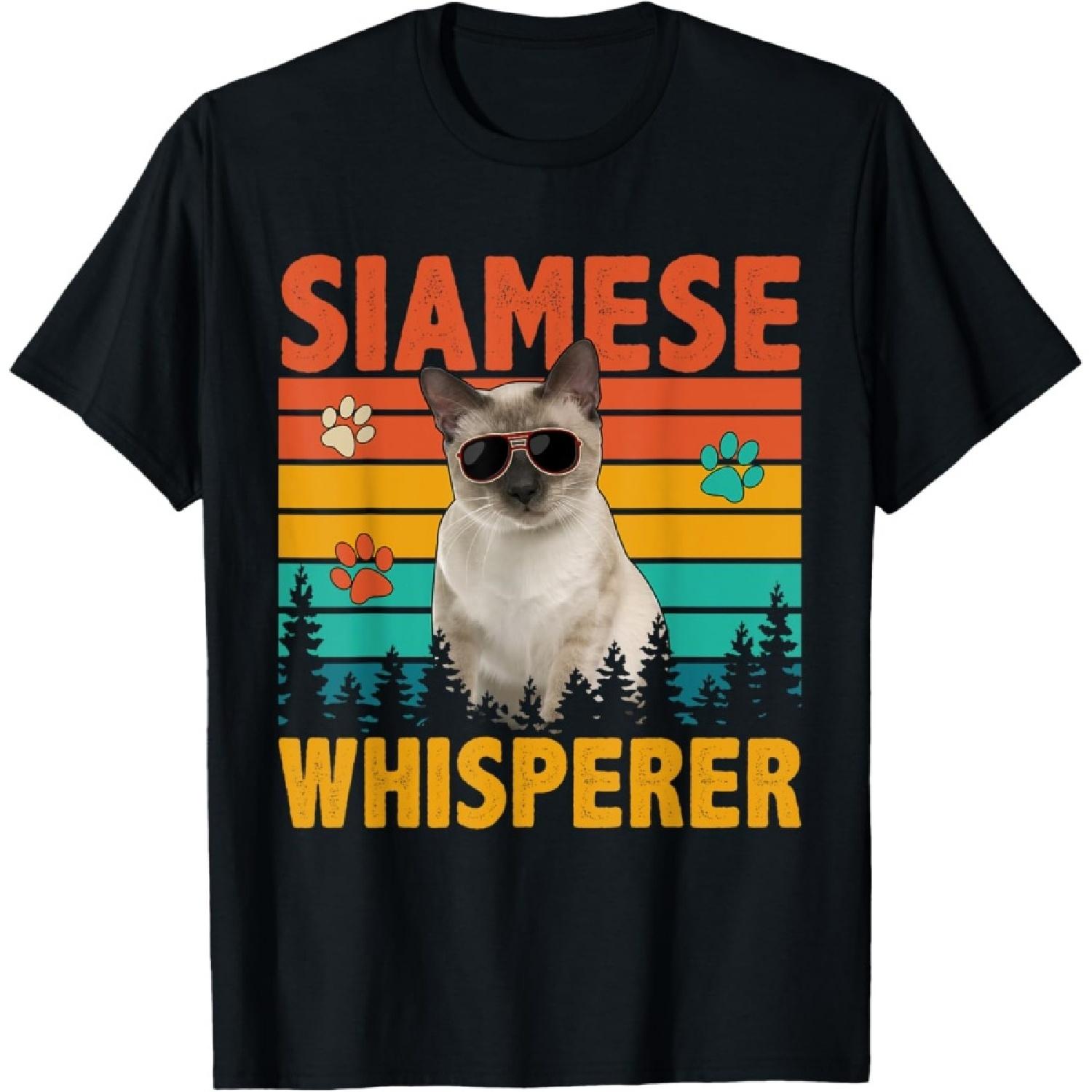 Vintage Retro Siamese Whisperer Funny Cat Sunglasses Lover T-Shirt for Men Women Kids S