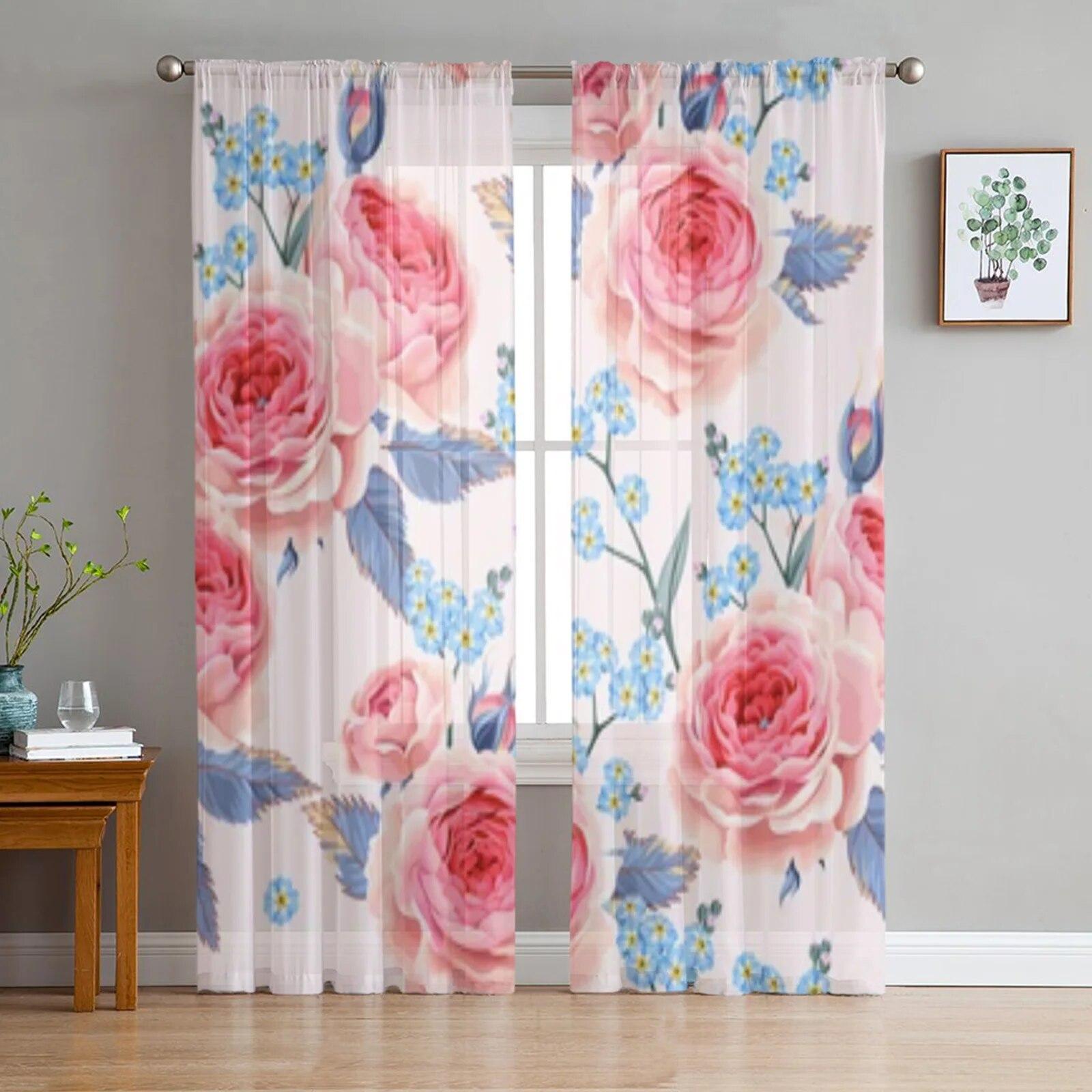 

Розовые нежные розы, прозрачные шторы для окна гостиной, прозрачная вуаль, тюлевая занавеска, шторы для спальни, домашний декор 135W x 114H(cm)