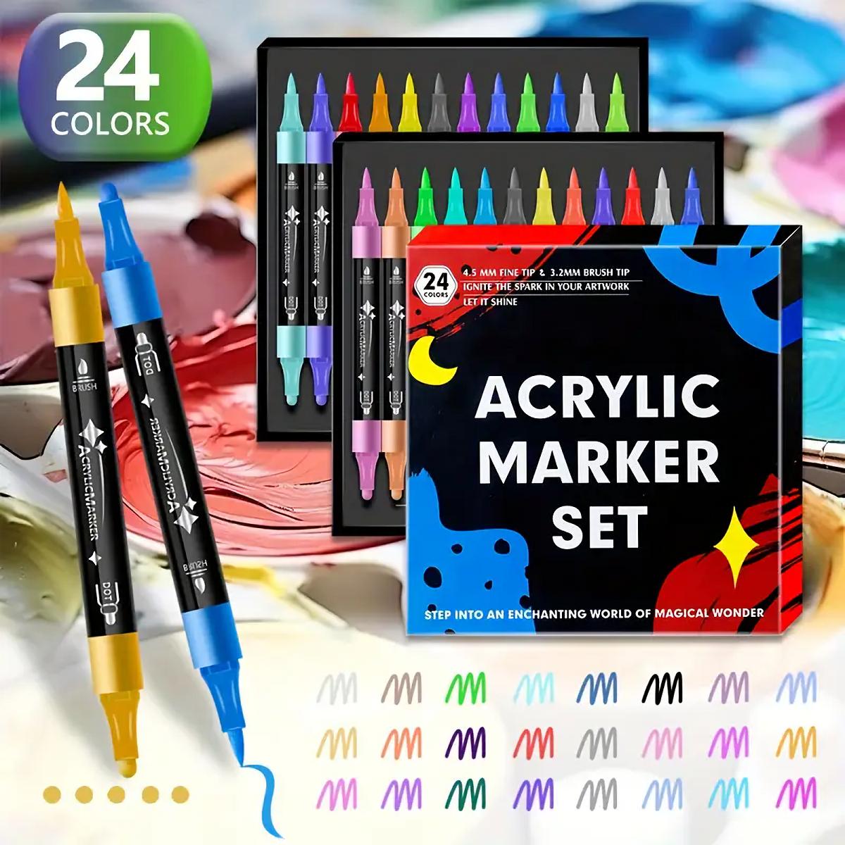 

24pcs Dual-Tip Acrylic Paint Markers Set – Brush & Dot Tips, No Bleed Ink, Perfect for Rock, Wood, Canvas, DIY Projects & Art