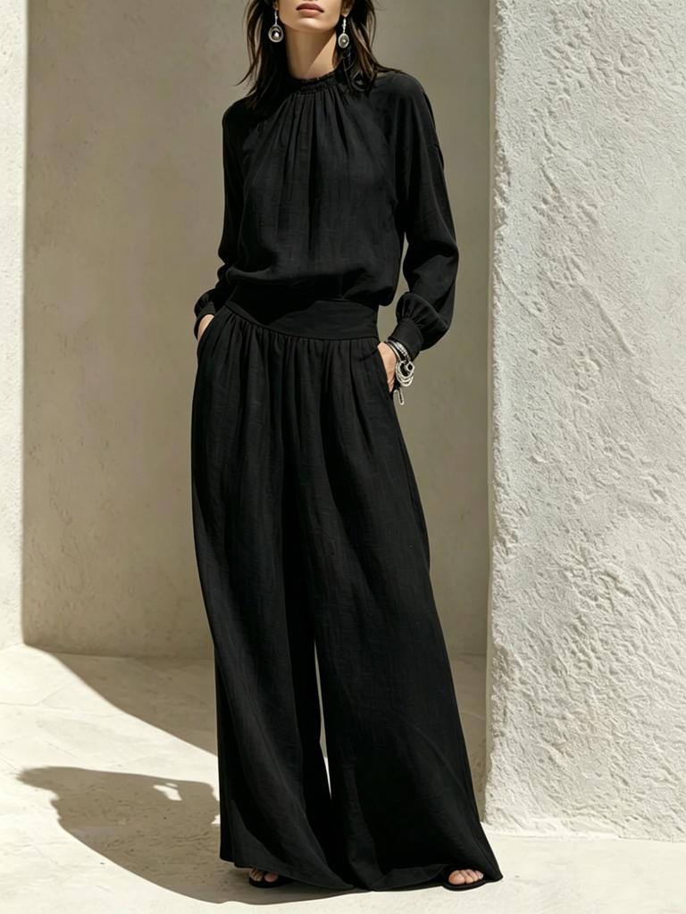 Women's 2 Piece Long Sleeve Top and Wide Leg Pants Set Cotton Linen Casual Outfit
