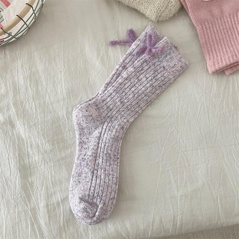 Dotted Yarn Wool Bow Woolen Socks Thickened Warm Solid Color Mid-Tube Cashmere Stack Socks
