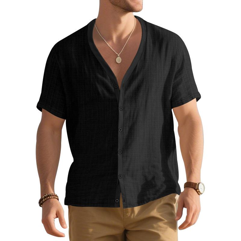 

American men s summer imitation hemp bamboo short-sleeved Henry shirt loose casual trend button cardigan T-shirt men s S чёрный