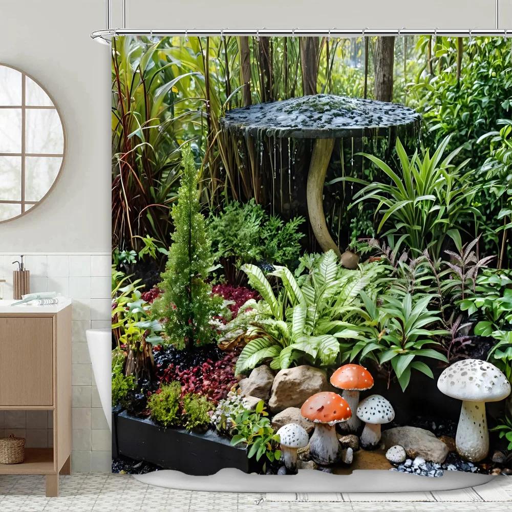 Garden Scenery Shower Curtain Mushroom Jungle Nature Plants Flower Patio Forest Green Leaf Polyester Bathroom Decor Curtains Set