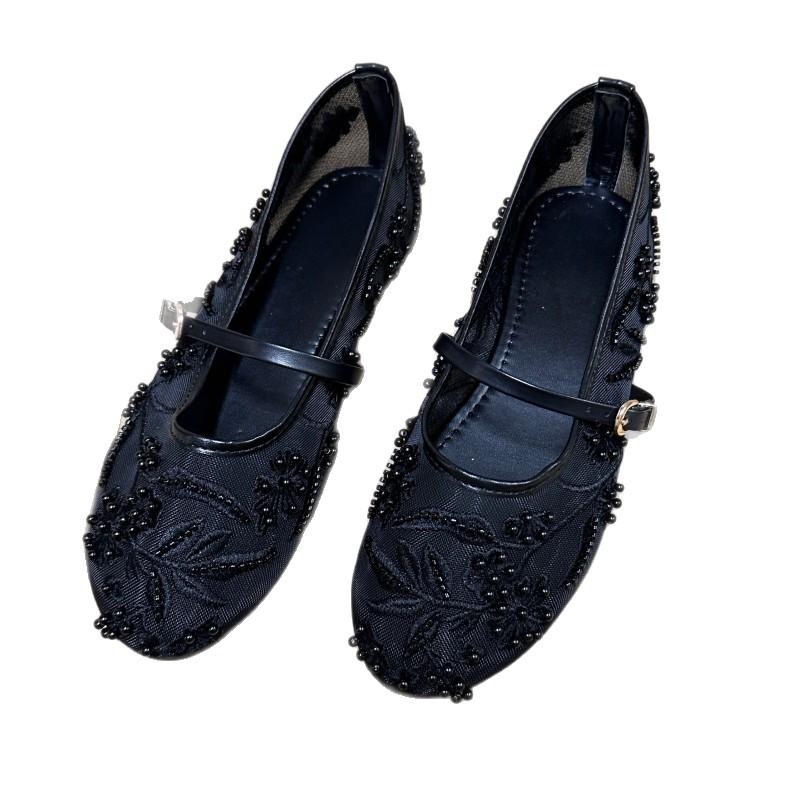 

Women s Black Embroidered Mesh Ballet Flats with Cutout Design and Single Strap. 39
