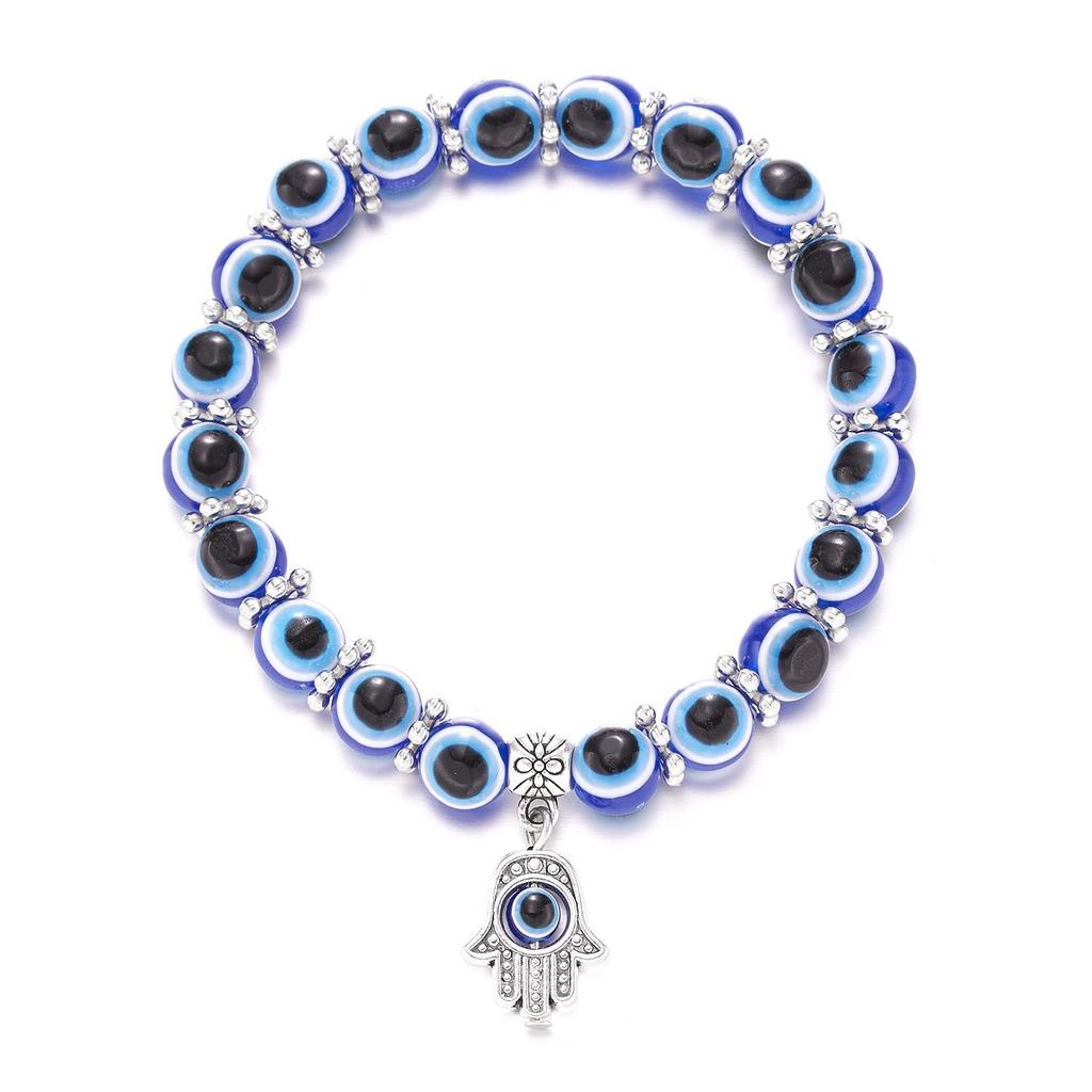 Evil Eye Bead Bracelet Blue Eye Hamsa Beaded Charm Stretch Bracelet Hand of Fatima Turkish Lucky Evil Eye Bracelet