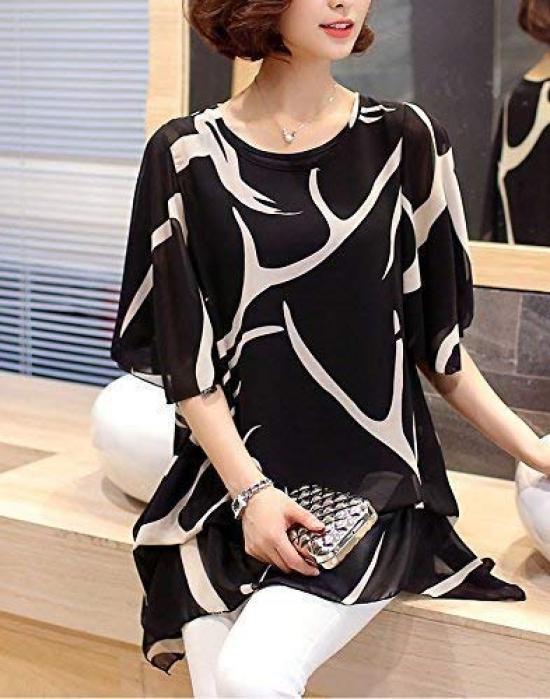 Aspersio Beautiful Chiffon Design Tops Flared Sleeves Sleeves Tunic Sleeves Slimming Pullover Shirt Sexy Striped Casual Cute Loose Satin Bicolor Round