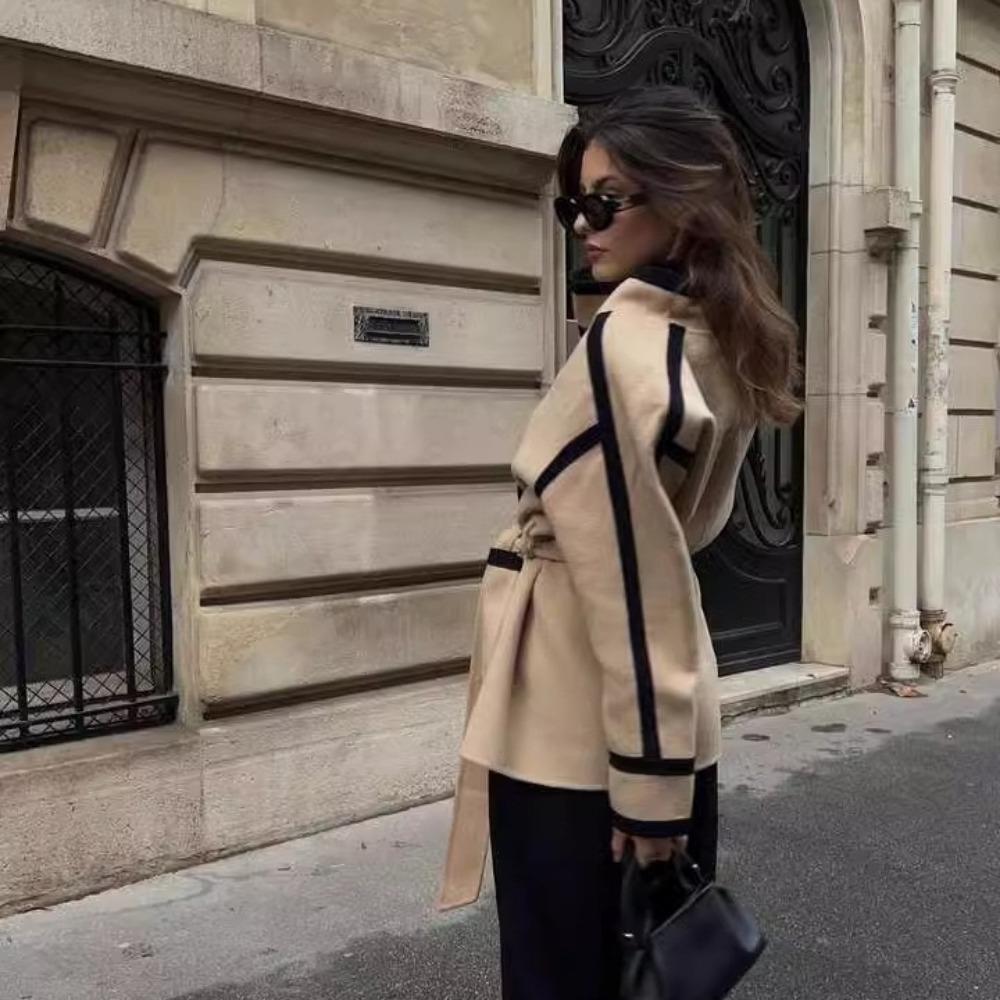 Casaco Curto Feminino VAYLA Cintos Listrado Moda Cor Contrastante Jaqueta Nova Feminina Chique Elegante Cintura Alta Roupa Exterior Feminina