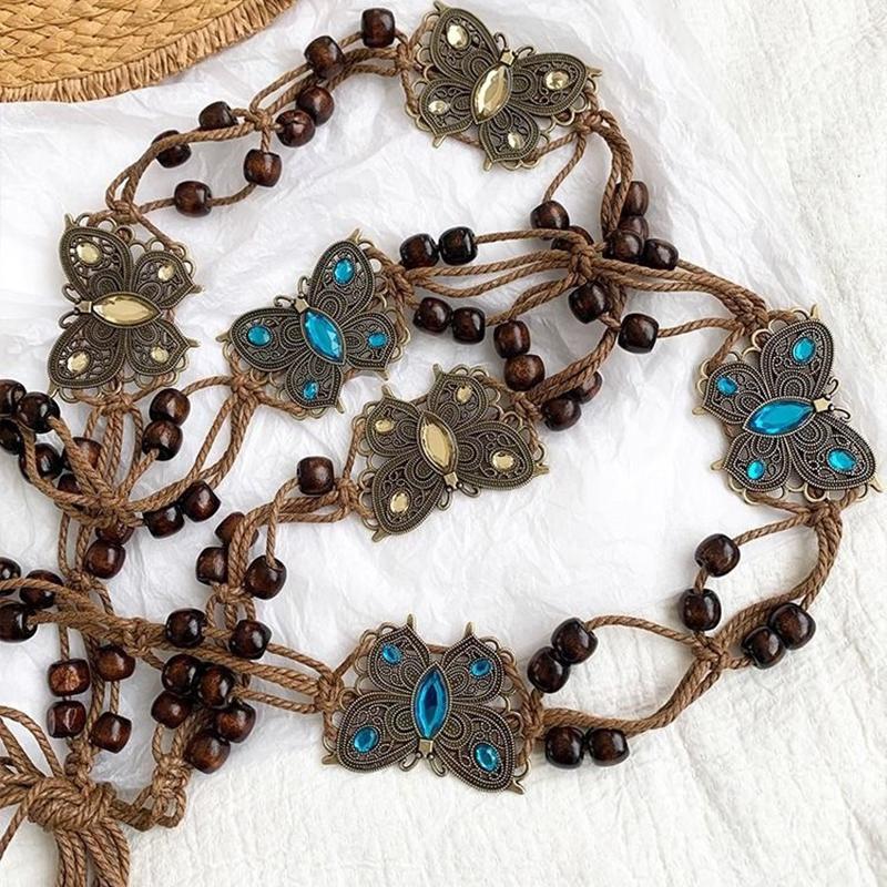 Bohemian Style Butterfly Water Diamond Woven Ethnic Style Wooden Bead Women'S Belt Casual Vacation Style Waist Rope