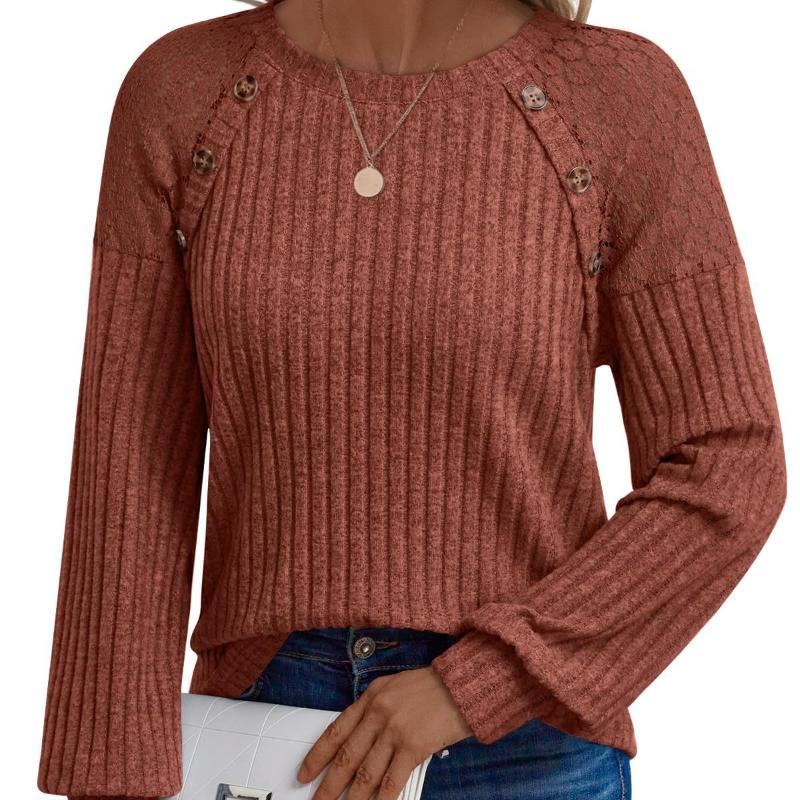 Long Sleeves Women's Round Neck Solid Color Hollow Button Long Sleeve Casual Splicing Top