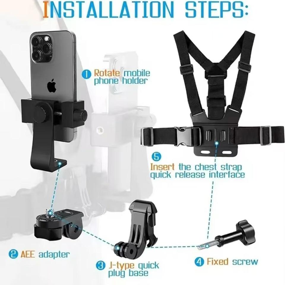 Adiustable Phone Clip Holder With Chest Strap Fixation Bracket for Sport Camera Mobile Phone Camera Black Holder Accessor