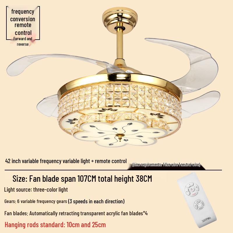 Smart Variable Frequency Ceiling Fan with Chandelier for Living Room, Bedroom, and Restaurant