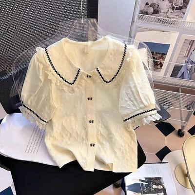 Damen Sommer Design Kurzarm Chiffon Bluse Spitze Süß Französisch Blusenärmel Oberteil
