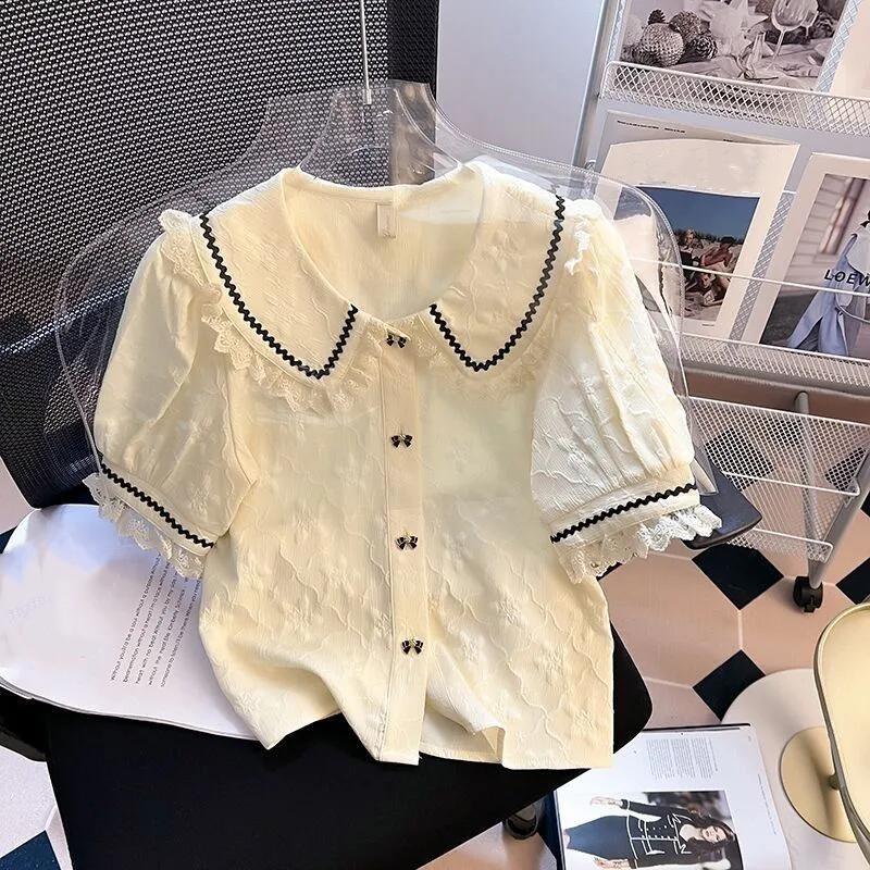 Women s Summer Design Short Sleeve Chiffon Shirt Lace Sweet French Bubble Sleeve Top XXS