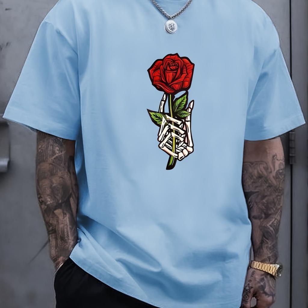 Skeleton Hand Rose Graphic Unisexs Casual Cotton Crew Neck Tshirt Summer Short Sleeve Tee