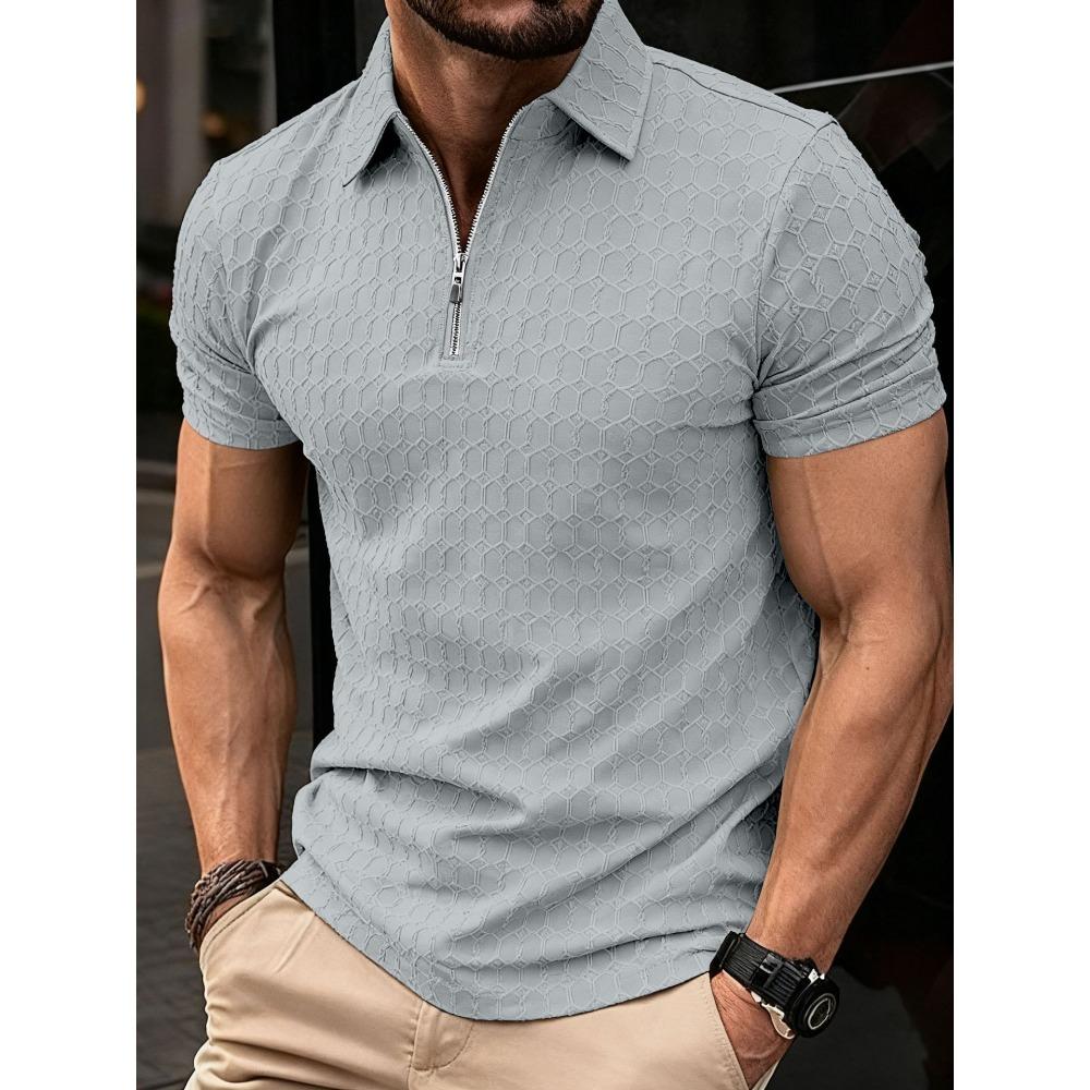 Men's Casual Polo Shirt with Zip, Short-sleeved, Loose-fit, Plain-coloured, Versatile T-shirt