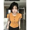 Korean version of the design sense of Henry collar horn buckle short-sleeved t-shirt women's summer new unique chic slim-fitting beautiful top
