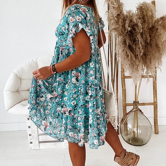 Verão manga curta em torno do pescoço moda sexy flor impressão europeu e americano vestido plissado vestido casual feminino