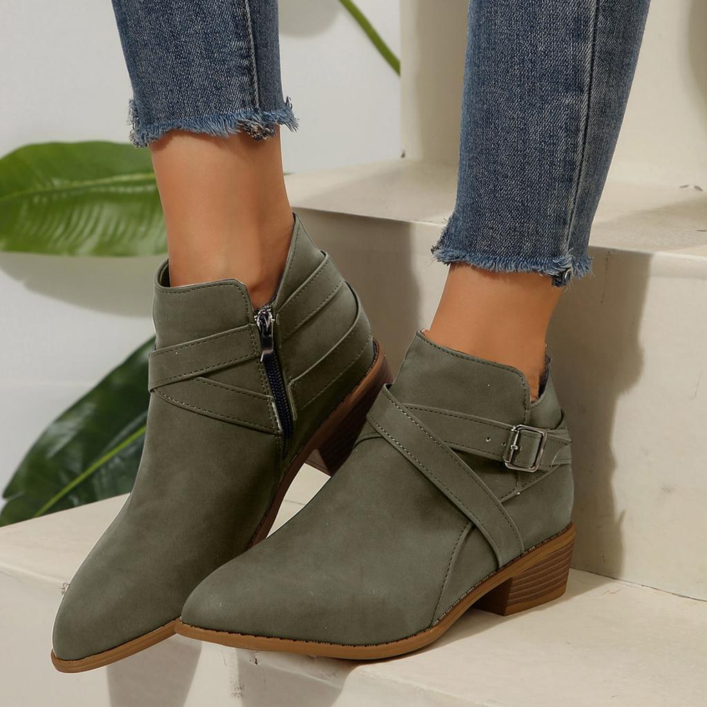 Damen Spitz zulaufend Mode Klobiger Absatz Gürtel Seitenreißverschluss Bequem Wildleder Knöchelhohe Stiefel Stiefel Für Damen Niedriger Absatz Offene Zehenpartie