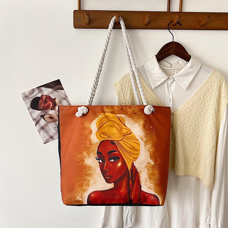 Classic Outdoor Practical Retro Canvas Tote Bag Cartoon Print Handheld Beach Bag Large Capacity CLE