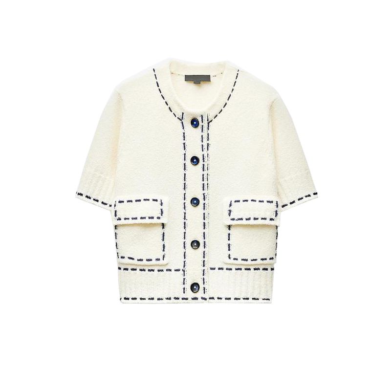 Summer New Product Women's Clothes Contrast Color Seized String Decoration Creative Fashion round Neck Short Sleeves Knitting Outwear 3920148