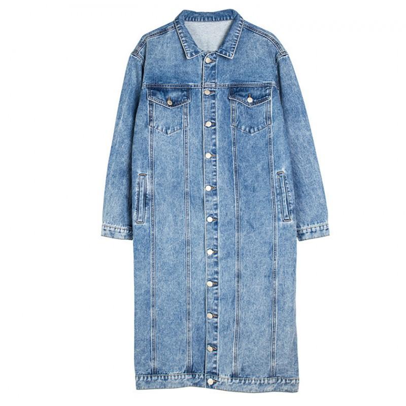 Giacca Lunga in Denim da Donna Slim Fit Lavata Stile Vintage Streetwear Cappotto Oversize