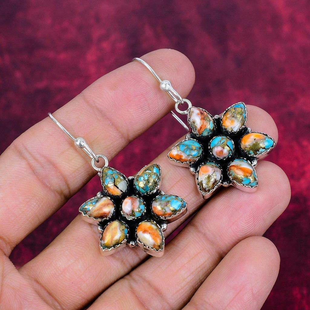 Orange Spiny Copper Turquoise Earrings, 925 Solid Sterling Silver Gemstone Jewelry, Handmade Earrings, For Thanksgiving