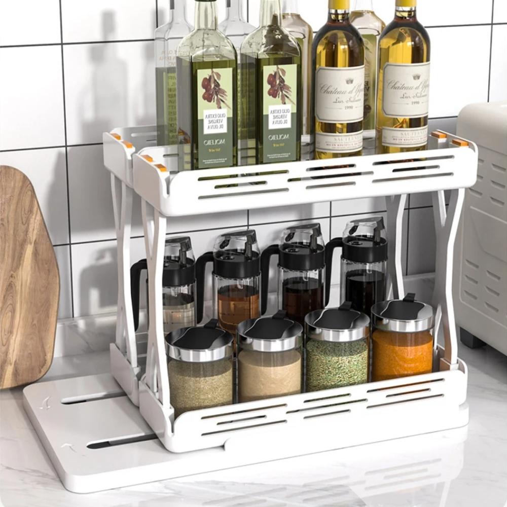 1/2 Tiers Kitchen Sliding Spice Rack Rotating Spice Jars Storage Shelf For Cabinet Seasoning Holder Kitchen Organizer