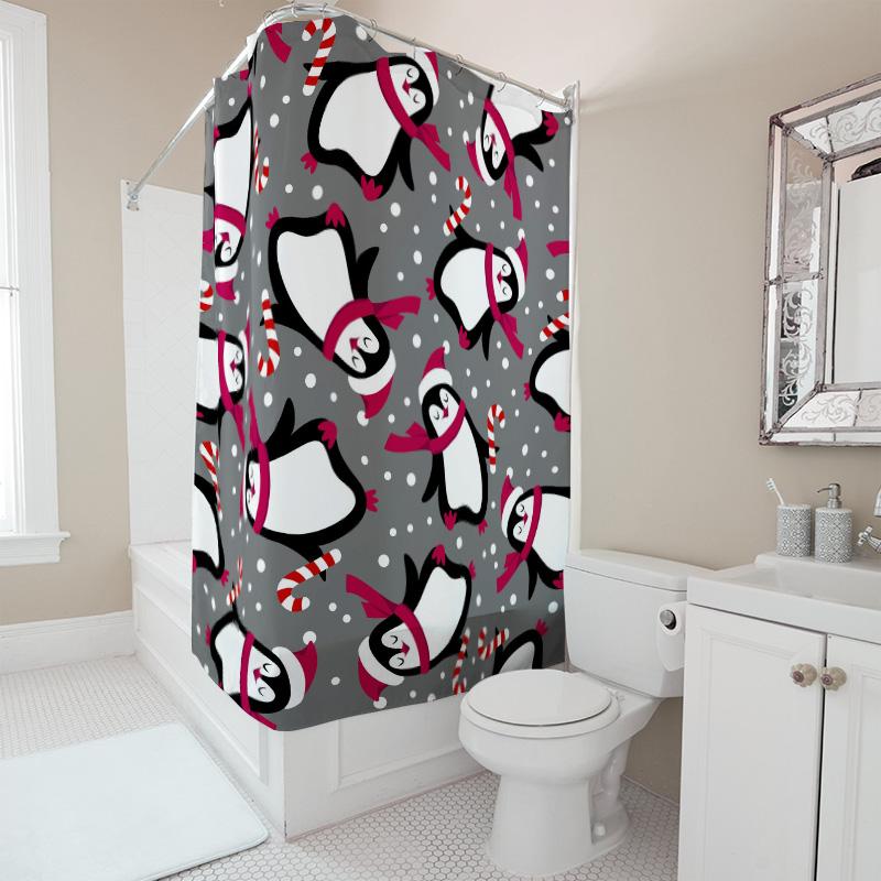 TU Penguin Shower Curtain Cute Winter Holiday Decor Festive Bathroom Set Waterproof Fabric Art