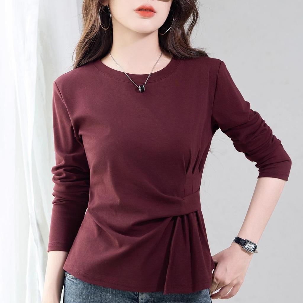 Chic Women's Long Sleeve Slimming Pure Cotton T-Shirt for Spring/Autumn