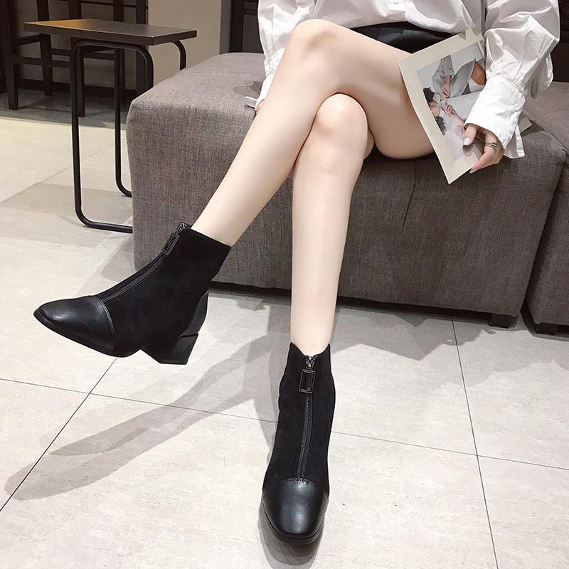 Women's Fashion Mid Boots Fashionable Boots with Front Zipper Thick Heel Suede Midsole Boots Leather Shoes Women's Shoes 35-40