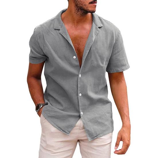 Men Casual Shirt Turn-down Collar Short Sleeves Single-breasted Solid Color Cardigan Streetwear Loose Male Lapel Shirt Summer Beach Shirt