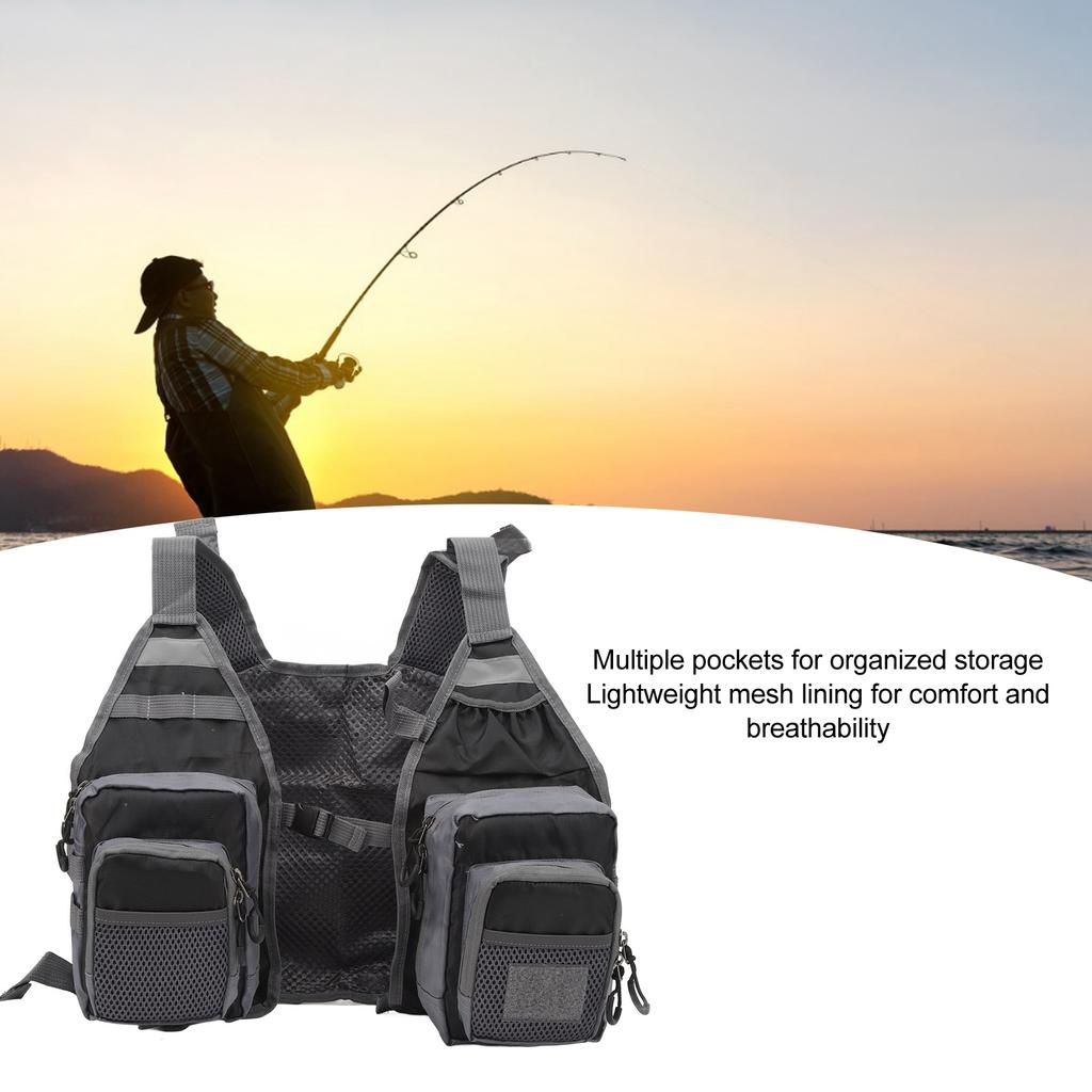 Strap Fishing Vest Fly Fishing Vest 8 Pockets Oxford Cloth Reflective Strips Mesh Lining Adjustable Fishing Gear for Outdoor Black