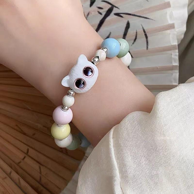 Ceramic Cat Bead Bracelet Adorable And Trendy Womens Geometric Hand Jewelry