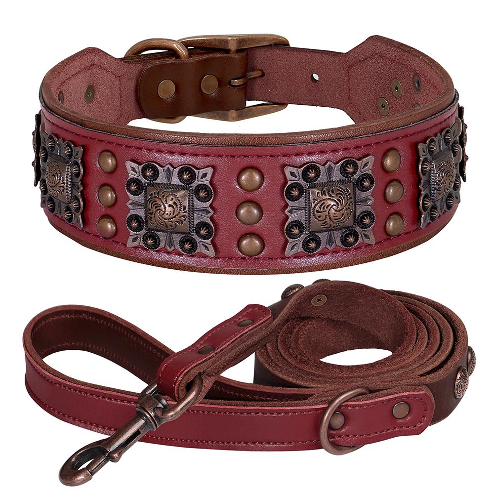 

Real Leather Dog Wide Collar Leash Set Durable Padded Big Dog Collars Luxury Metal Rivet Pet Necklace With Rope for Dogs Pitbull L червоний