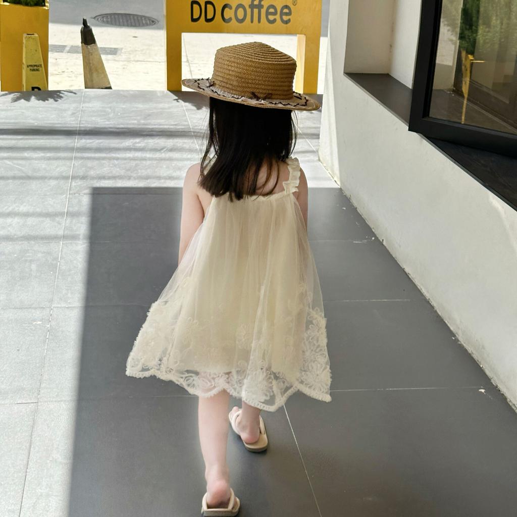 Girls Summer Sweet Mesh Floral Strap Princess Dress Baby Chic Travel Sundress
