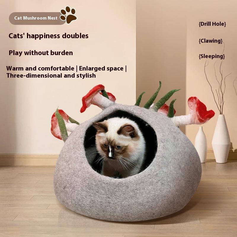 

Handcrafted Wool Cat Cave Natural Pet Bed for Kitties Warm Fleece Pad Nepalese Design Feline Sleeping SpotMushroom Cat 45 35cm