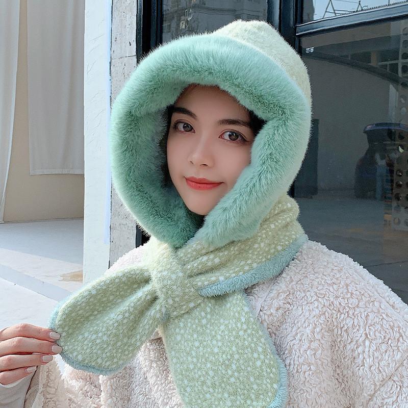 Winter Plush Hat With Scarf For Adults Pure Color Cozy Windproof Korean Style