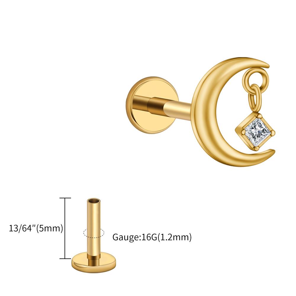 Right Grand ASTM F136 Titanium 16G CZ Moon Cartilage Earring Tiny Crescent Moon CZ Dangle Helix Tragus Conch Stud Ear Piercing