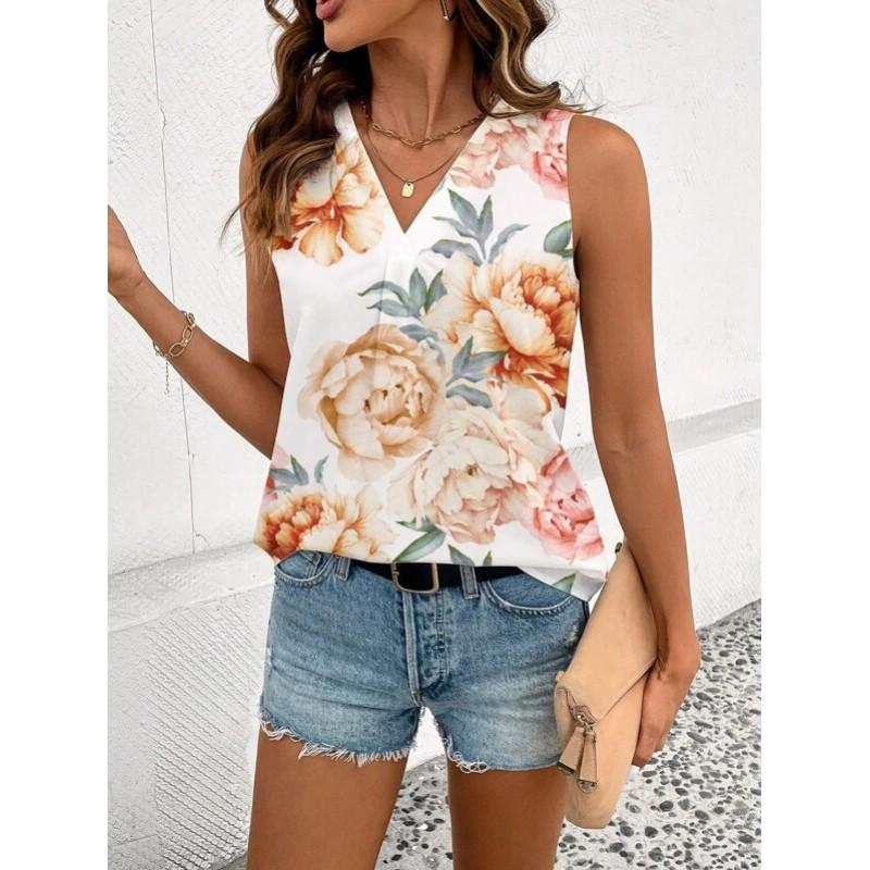 Womens Vintage Floral Print Sleeveless V-Neck Top Comfortable Casual Blouse Soft Cotton-Like Fabric 2025