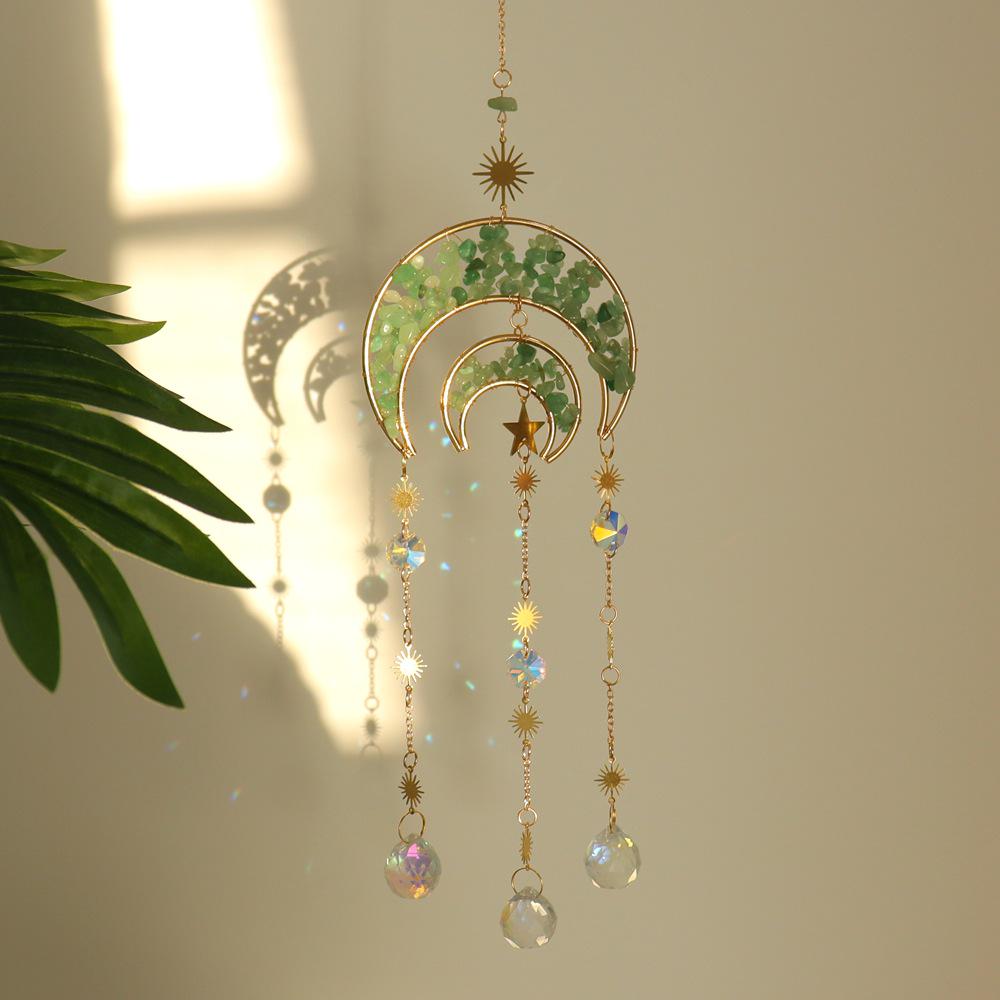 Natural Crystal Moon Pendant Sun Catcher Wind Chime for Home and Garden Decoration