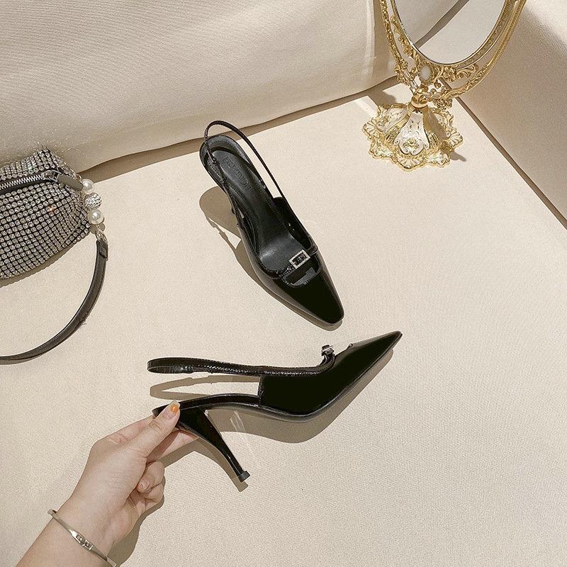 Fashion Baotou Sandals Women Diamond Buckle New Thin Heel Square Hollow Sexy Black Patent Leather Kitten Heels
