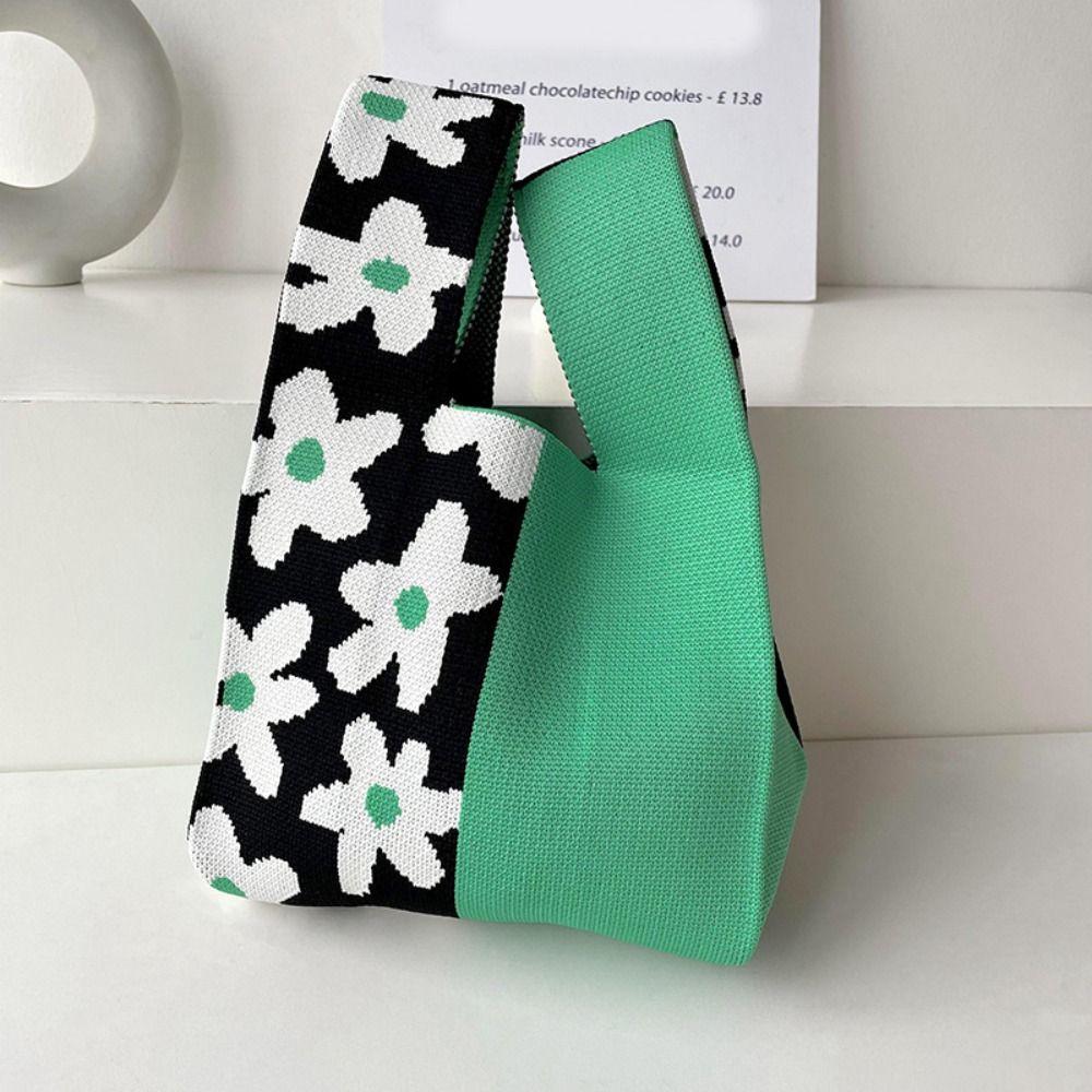 Women Girls Reusable Knit Handbag Heart Flower Wrist Bag Handmade Knot Tote Bag Shopping Bags Outdoor Casual Accessories
